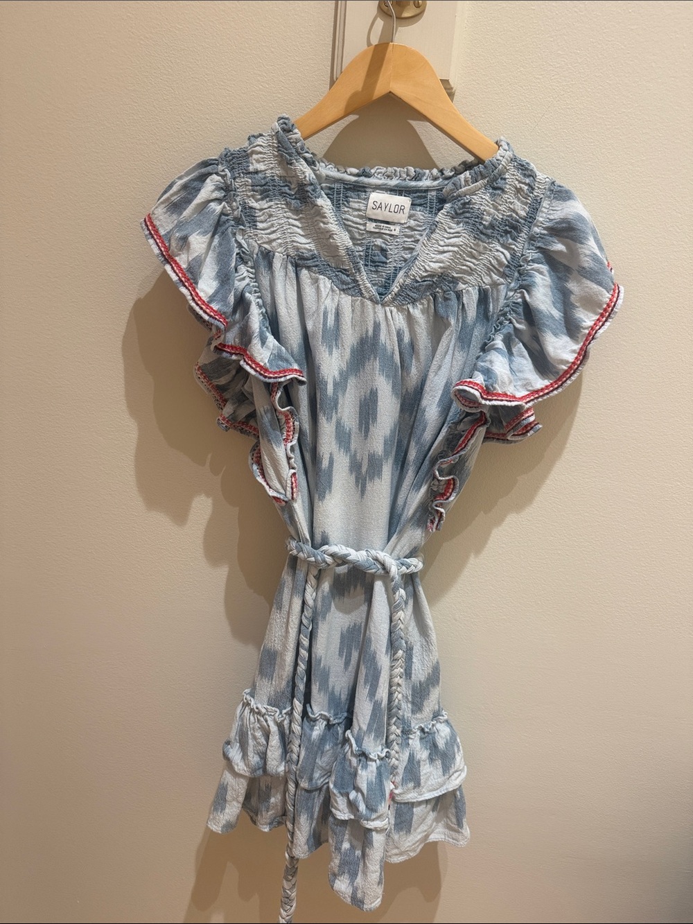 SAYLOR Light Blue Ikat Ruffle Dress with Red Trim